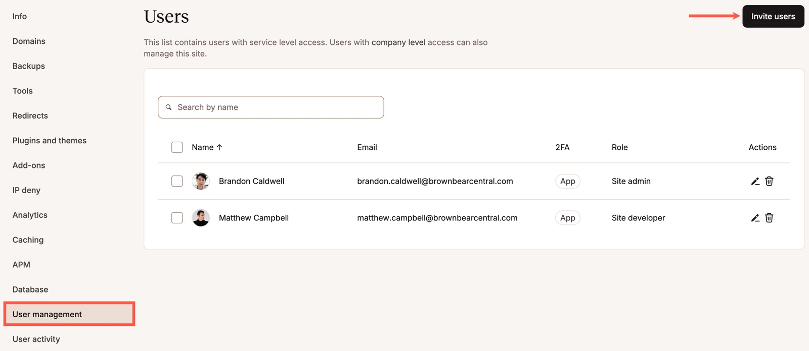 MyKinsta Users page shows client access in a WordPress agency workflow with roles and an Invite users button