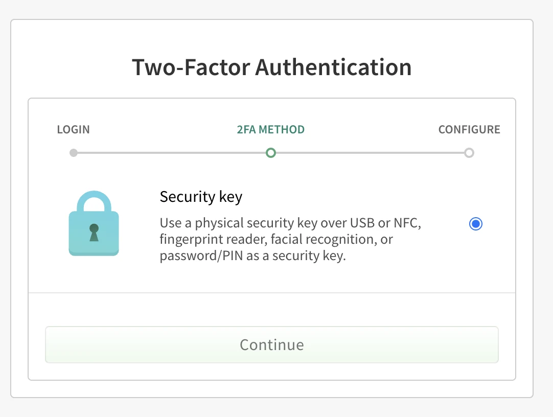 npm two-factor setup shows Security key selected, a defense against a software supply chain attack