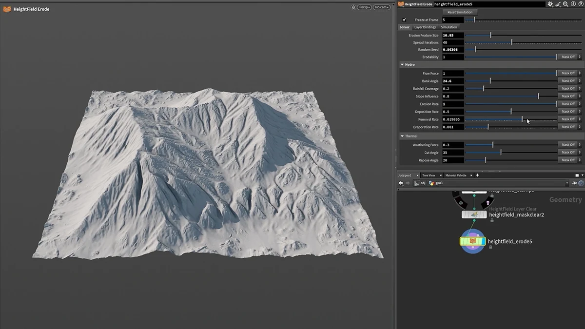 SideFX Houdini heightfield terrain in the viewport showing an eroded 3D mountain with the node graph panel