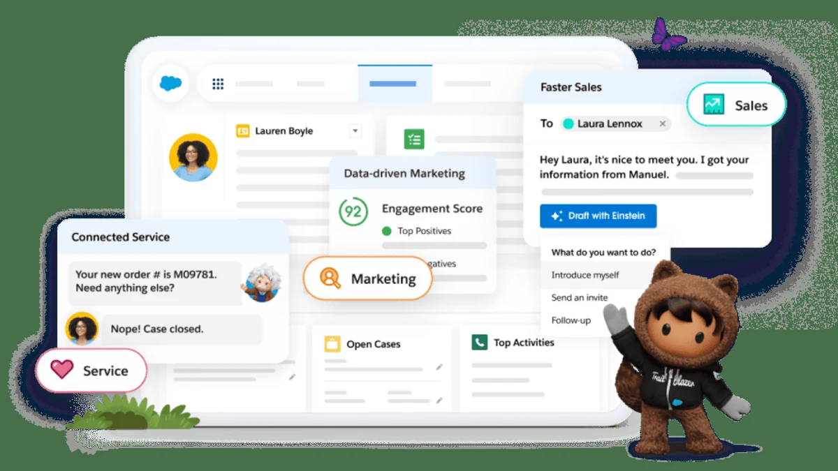 Salesforce small-business CRM illustration with Sales, Marketing, and Service panels and the Astro mascot.