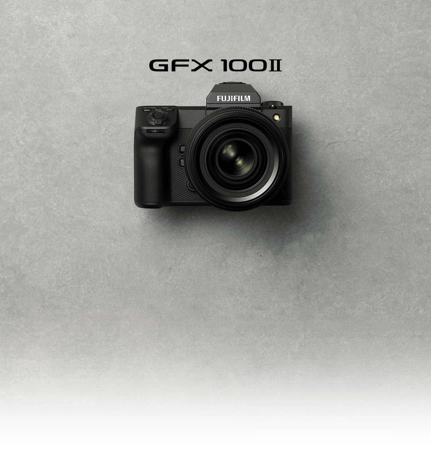 Fujifilm GFX100 II medium format mirrorless camera shows its lens from the front