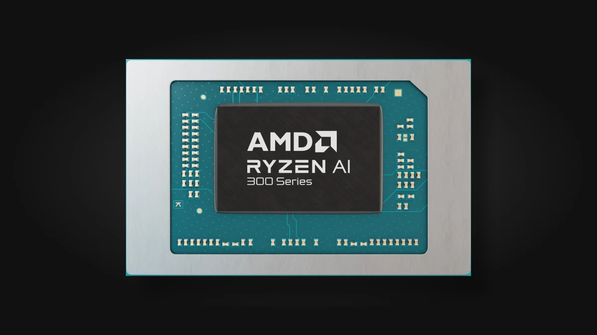 Copilot+ PC chip: the AMD Ryzen AI 300 Series package shows its AMD and Ryzen AI markings on a dark background