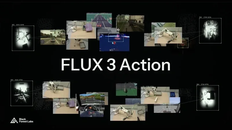 FLUX 3 Action title surrounded by robot arm and driving simulation video frames on a black background