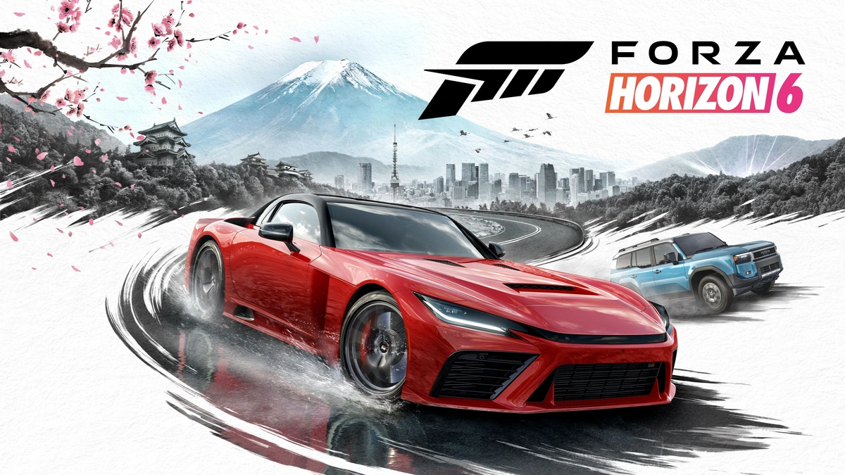Xbox Game Studios key art for Forza Horizon 6 with a red sports car drifting past cherry blossoms and Mount Fuji