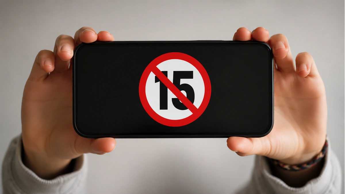 Hands holding a smartphone showing a crossed-out 15 restriction symbol