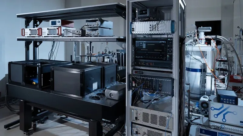 Fujitsu's diamond-spin quantum computer prototype: an optical bench and instrument racks in a lab