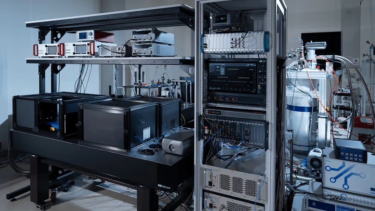 Fujitsu's diamond-spin quantum computer prototype: an optical bench and instrument racks in a lab