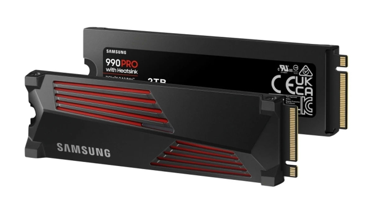 Two Samsung 990 PRO with Heatsink 2TB SSDs, one showing the red-striped heatsink and one the label side
