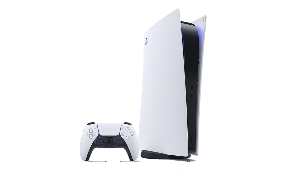 A PlayStation 5 console shown standing for a console comparison.