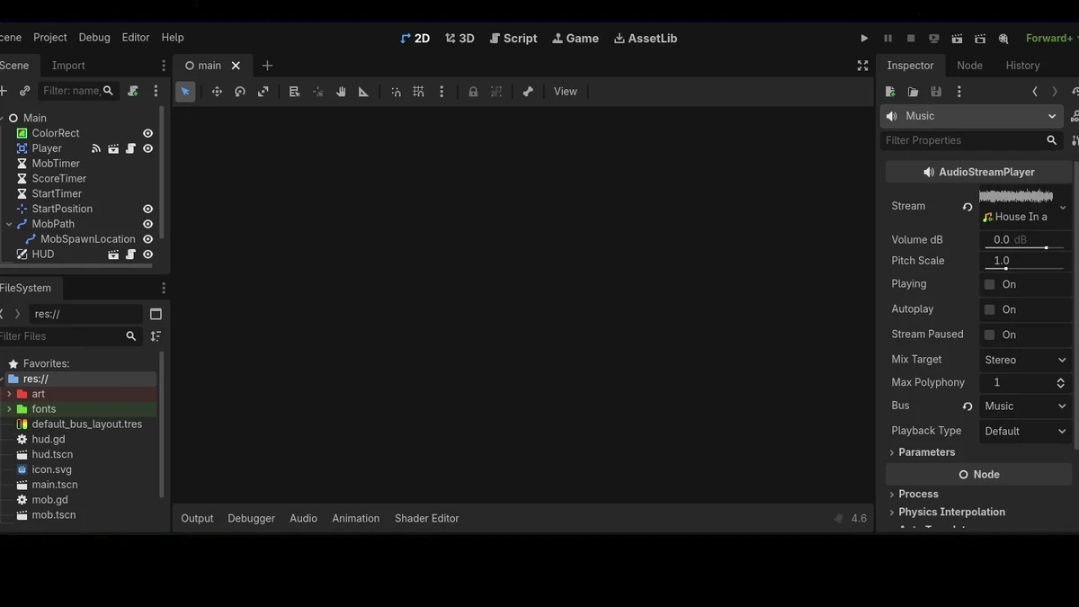 The Godot 4.6 editor shows the Scene panel and Inspector on a dark theme.