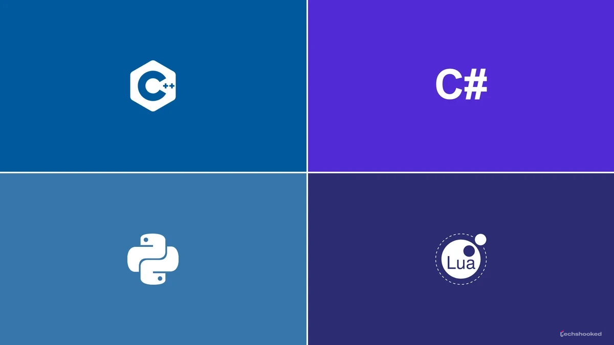 C++, C#, Python, and Lua logos shown for game development programming languages.