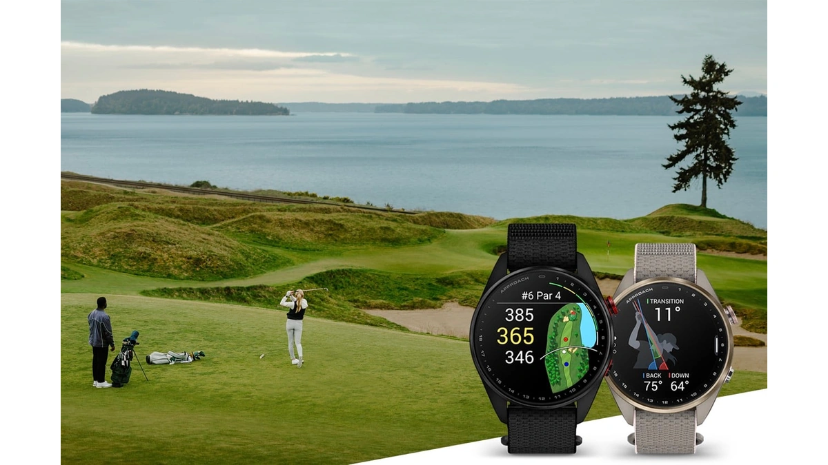 Garmin Approach S72 golf watches on a links course with golfers behind them