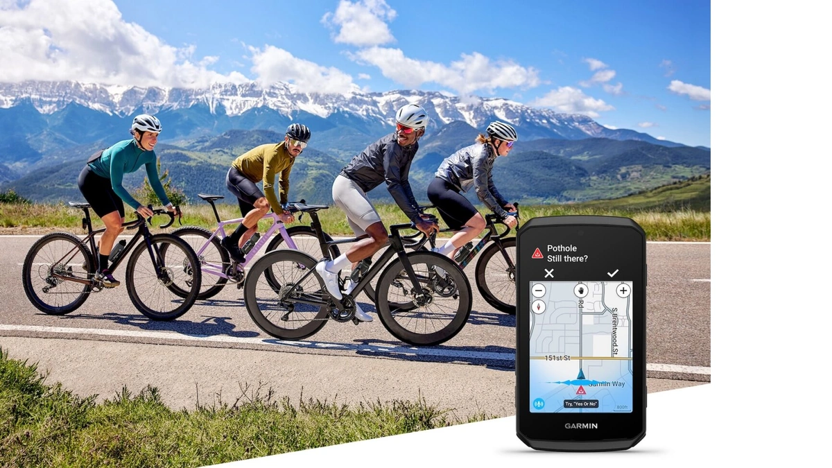 Garmin Edge 1060 cycling computer showing a pothole alert and map beside four road cyclists riding below snowy mountains
