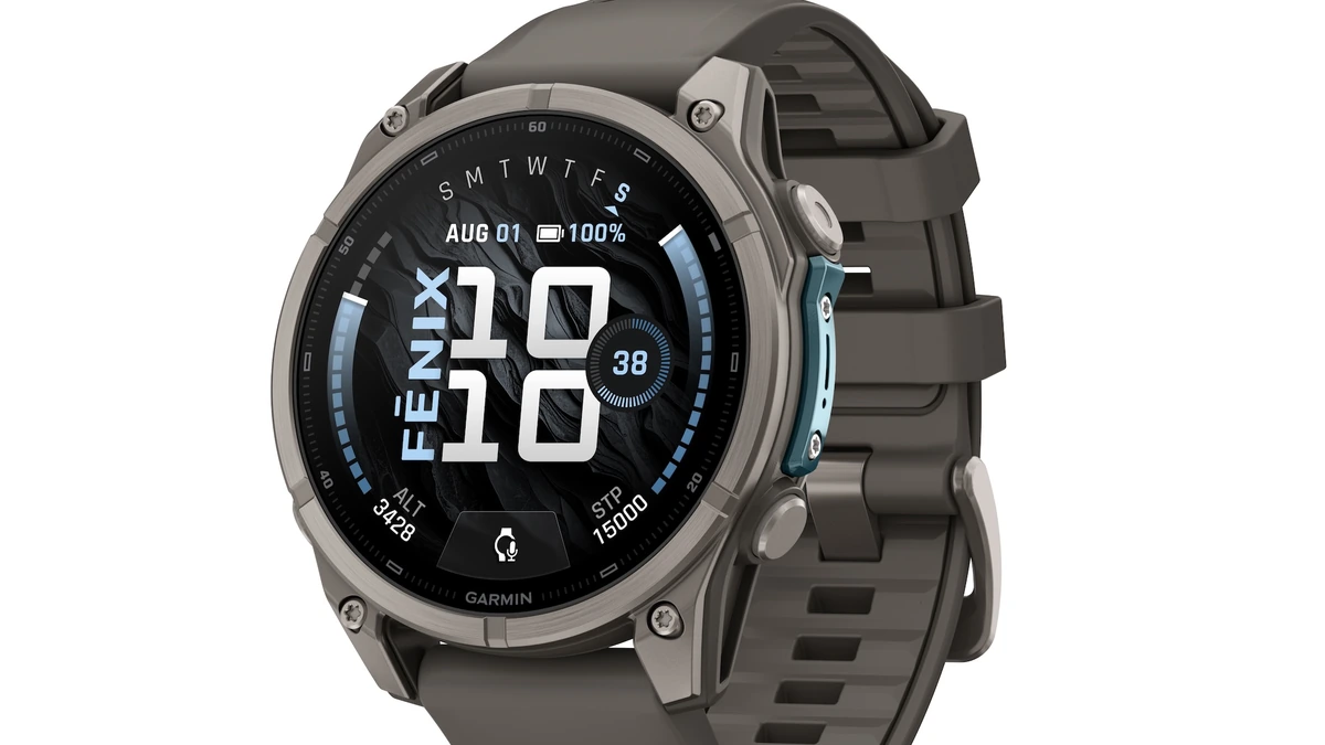 Garmin Fenix 9 47mm Titanium Pebble Gray front-left view on blue backdrop