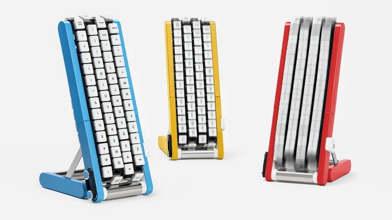 Google Gboard Conveyor Belt Version keyboards in blue, yellow and red standing on a white surface