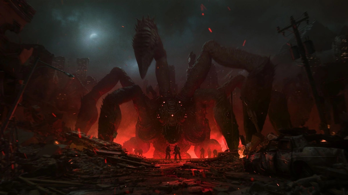 Gears of War: E-Day key art from Xbox Game Studios of a giant spider-like creature over a burning, ruined city