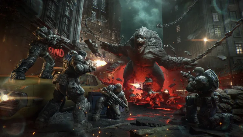 Gears of War: E-Day key art of COG soldiers firing at a giant creature in a ruined city street