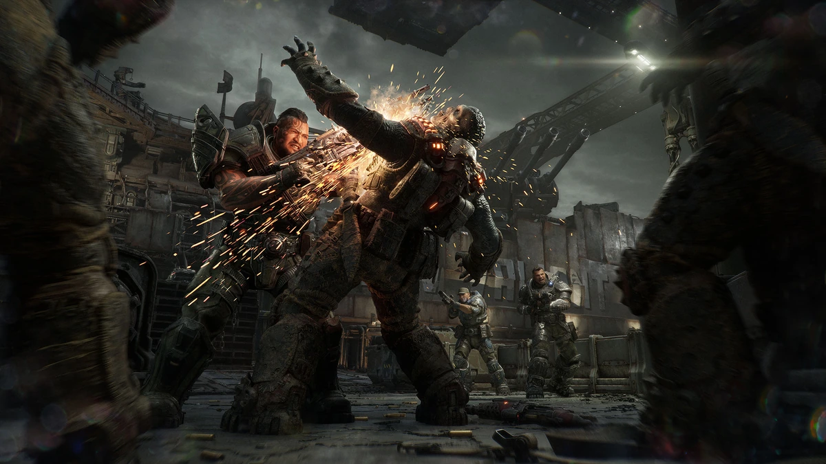 In-game combat scene from Gears of War: E-Day showing soldiers exchanging fire amid sparks