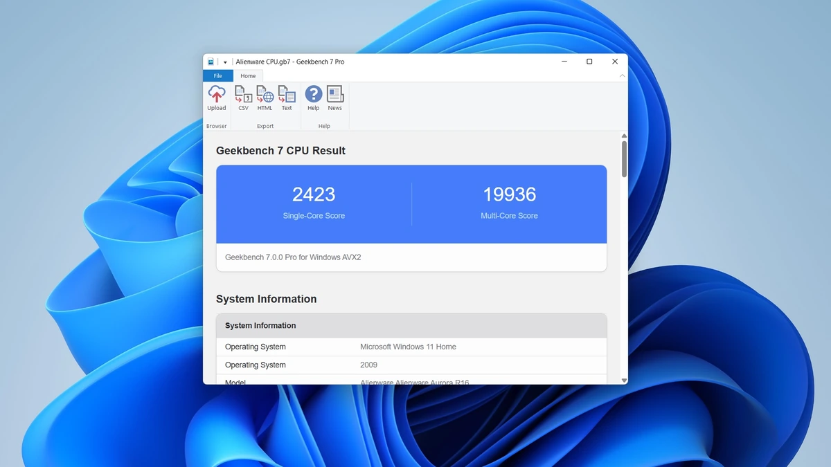 Geekbench 7 Pro on Windows 11 showing a CPU result of 2423 single-core and 19936 multi-core