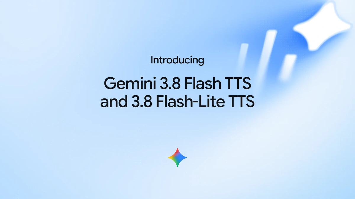 Gemini 3.8 Flash TTS announcement graphic with a Gemini spark on a pale blue gradient