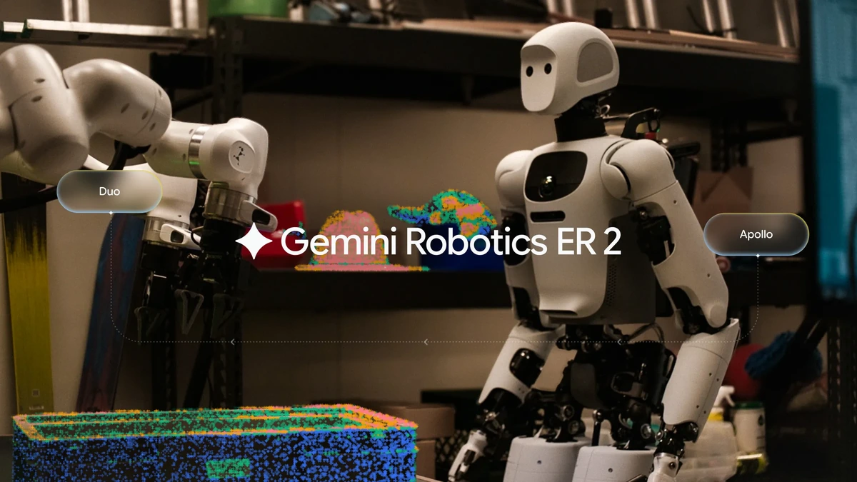 Gemini Robotics ER 2: a white robotic arm labeled Duo and humanoid robot Apollo in a warehouse, with point-cloud overlays