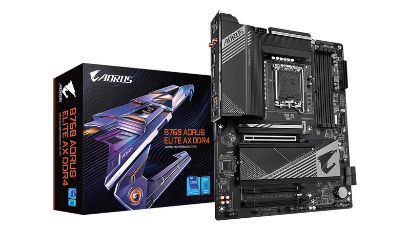 Gigabyte B760 AORUS ELITE AX DDR4 motherboard beside its retail box on a white background