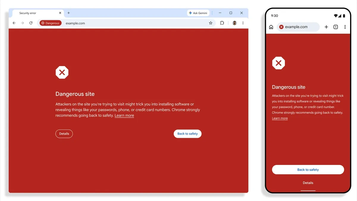 Google Chrome dangerous site warning on desktop and phone, a red page with a Back to safety button