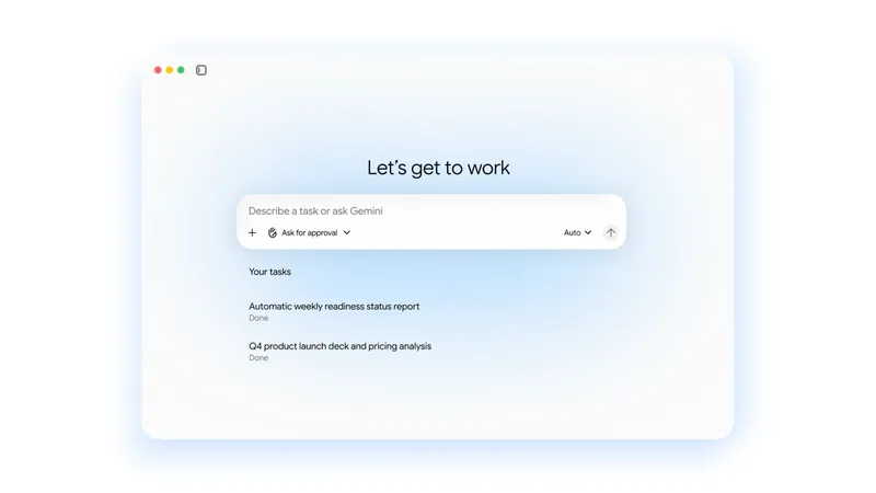 Google Cloud Gemini Agent start screen with a Let's get to work prompt box above a short list of tasks