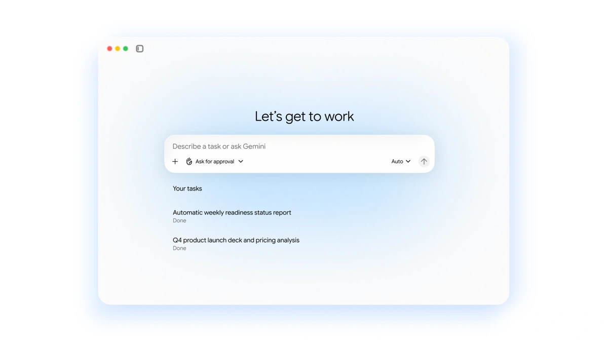 Google Cloud Gemini Agent start screen with a Let's get to work prompt box above a short list of tasks