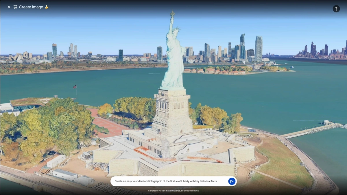 Google Earth Create image panel showing a typed prompt over a 3D view of the Statue of Liberty