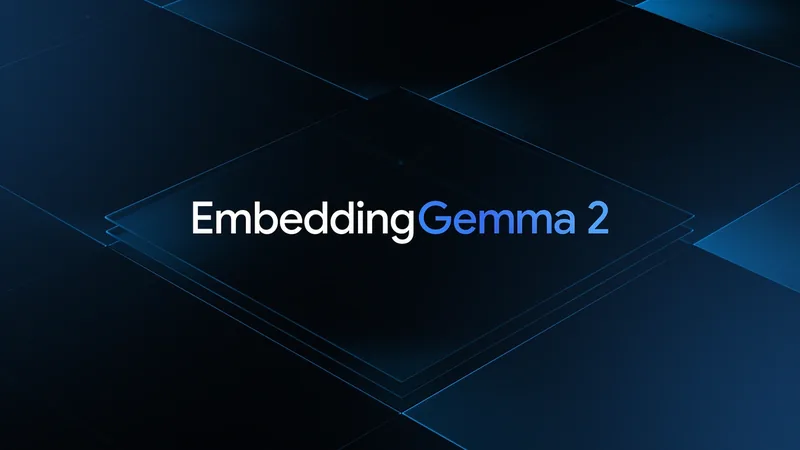 EmbeddingGemma 2 wordmark over stacked translucent blue layers on a dark background