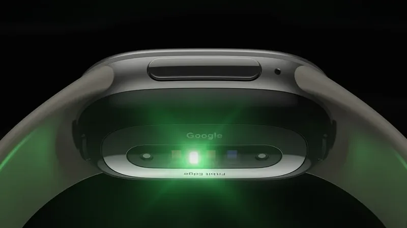 Fitbit Edge seen from below, its sensor array glowing green against a black background