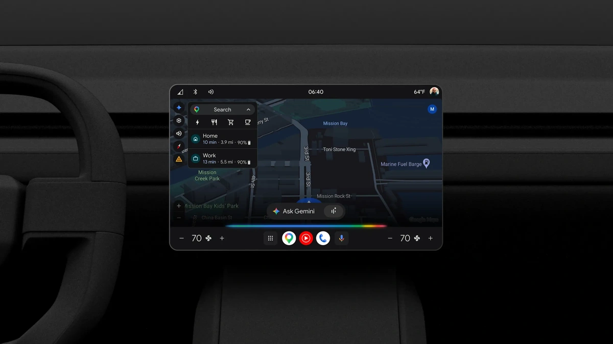 Google Gemini in cars Ask Gemini prompt on a car dashboard screen showing a navigation map