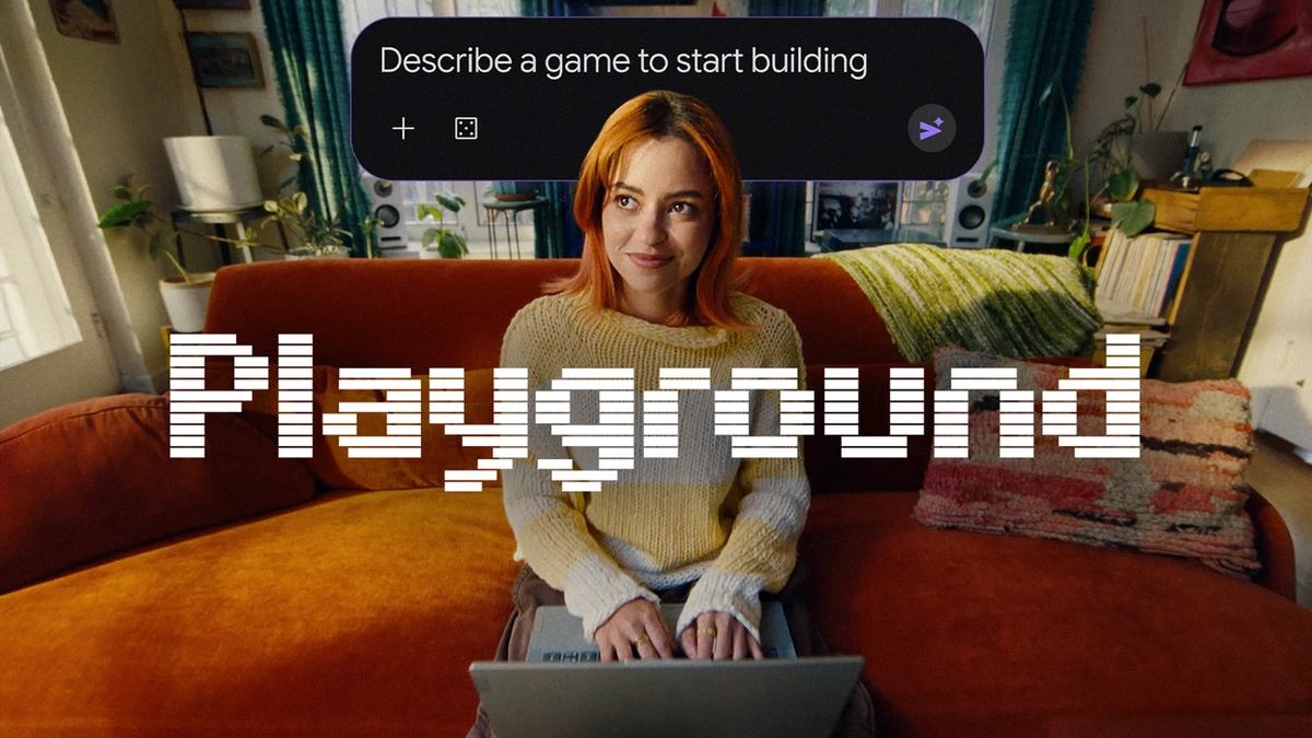 Google Playground promo with a woman typing on a laptop on a sofa under a 'Describe a game' prompt box