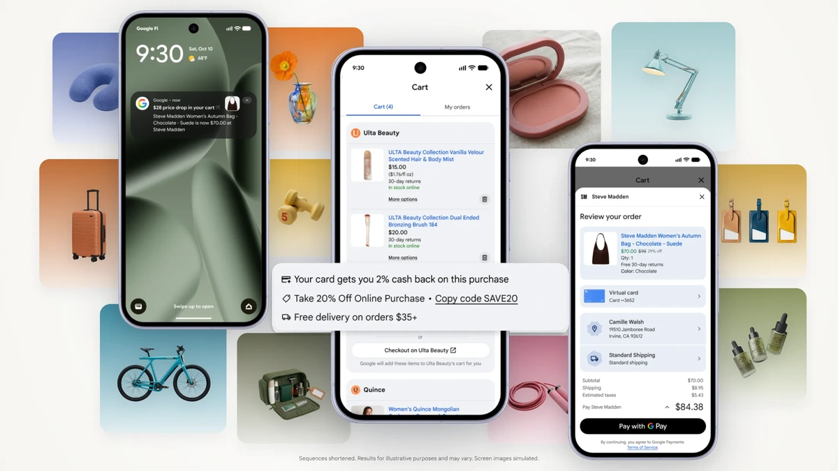 Universal Cart on phones showing a price-drop alert, an Ulta Beauty cart with a card perk and a Steve Madden order review
