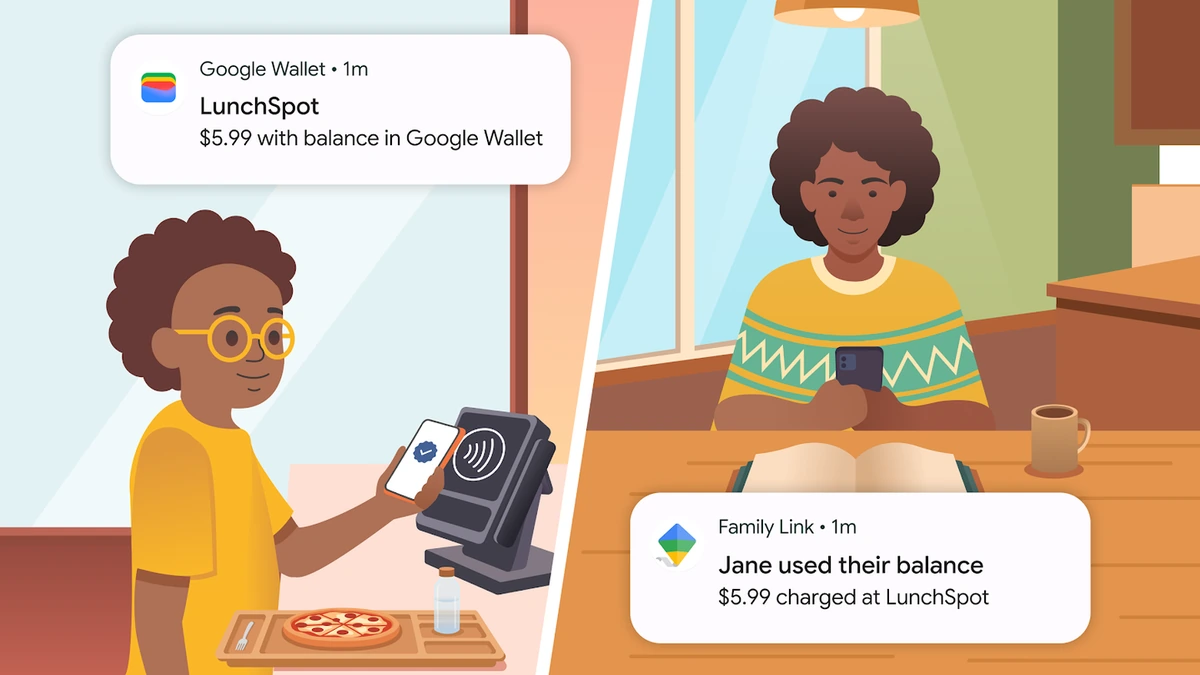 Illustration of a kid tapping to pay via Google Wallet while a parent sees the Family Link balance alert at home
