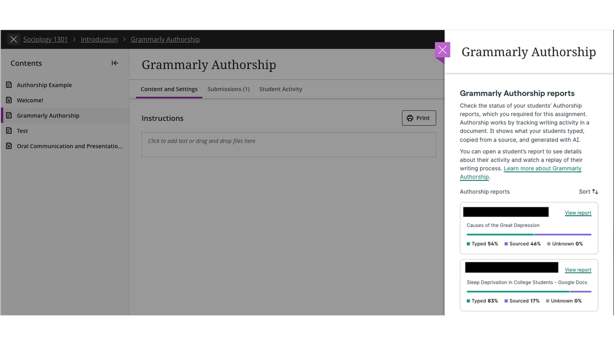 Grammarly Authorship interface embedded within a Blackboard course assignment page