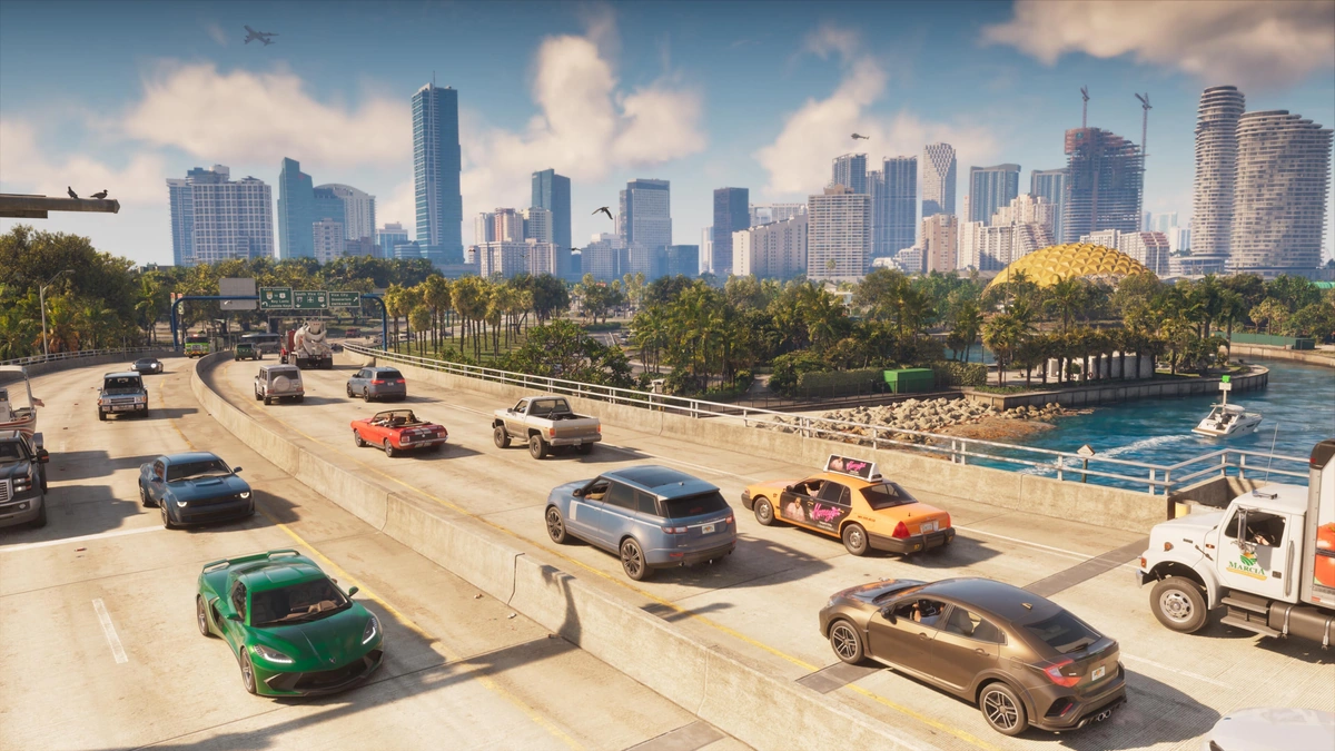 Grand Theft Auto VI screenshot of cars on a sunny elevated highway with a city skyline and palm trees behind
