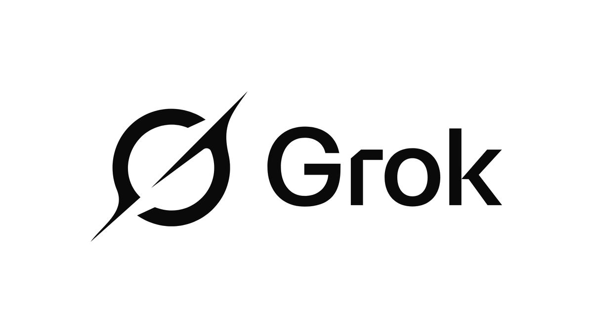 Grok logomark from SpaceXAI: black wordmark with an angular glyph, centered on a plain white background