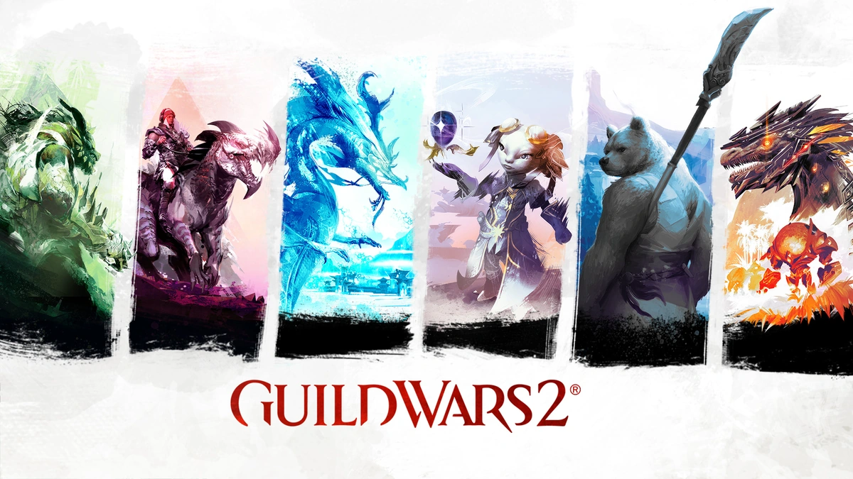 Guild Wars 2 key art of painted panels showing dragons, a mounted rider and a bear holding a glaive over the game title