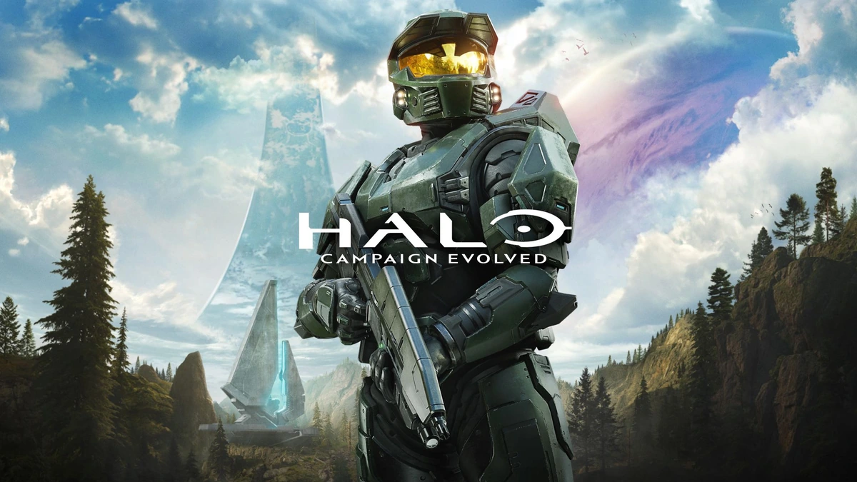 Master Chief in green armor before a forested ringworld under the Halo: Campaign Evolved logo