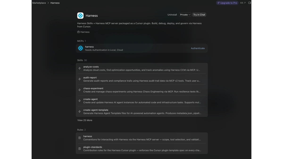 Cursor Marketplace page for the Harness plugin listing its MCP server, 30 skills, and 2 rules