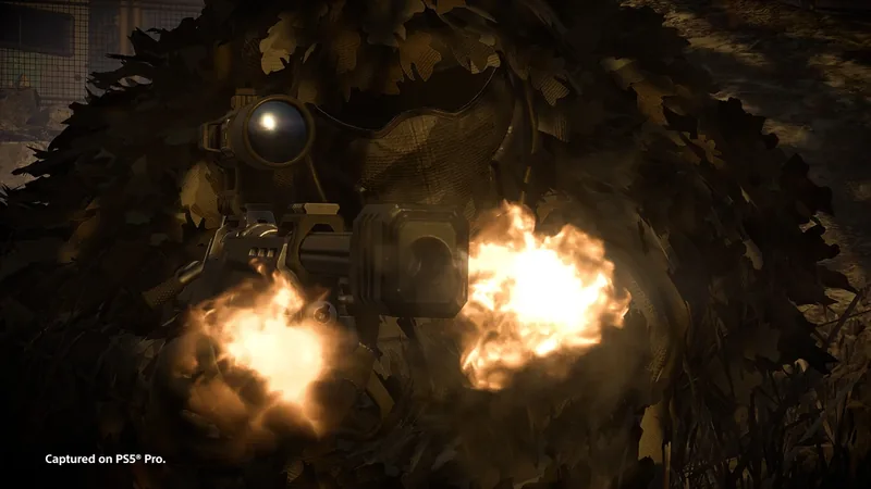Helldivers 2 soldier in a leafy ghillie suit firing a scoped rifle, muzzle flash lighting the foliage