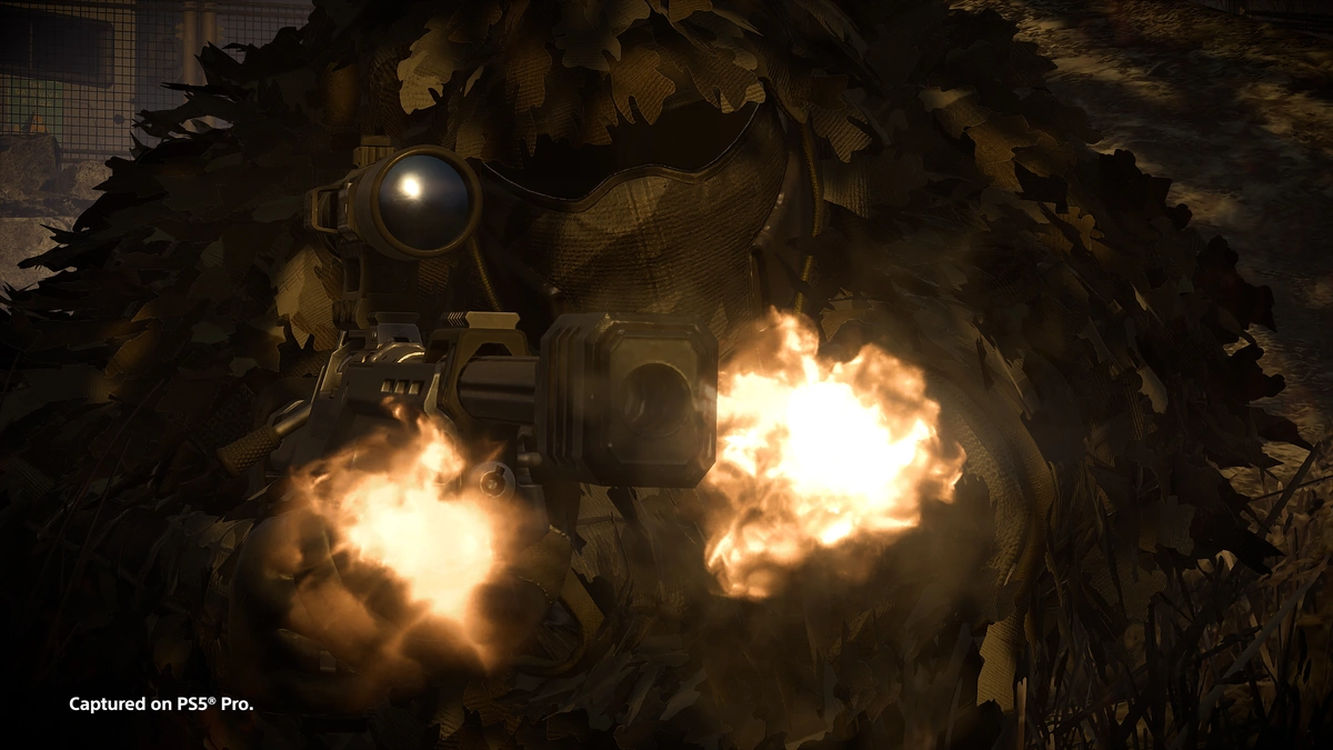 Helldivers 2 soldier in a leafy ghillie suit firing a scoped rifle, muzzle flash lighting the foliage