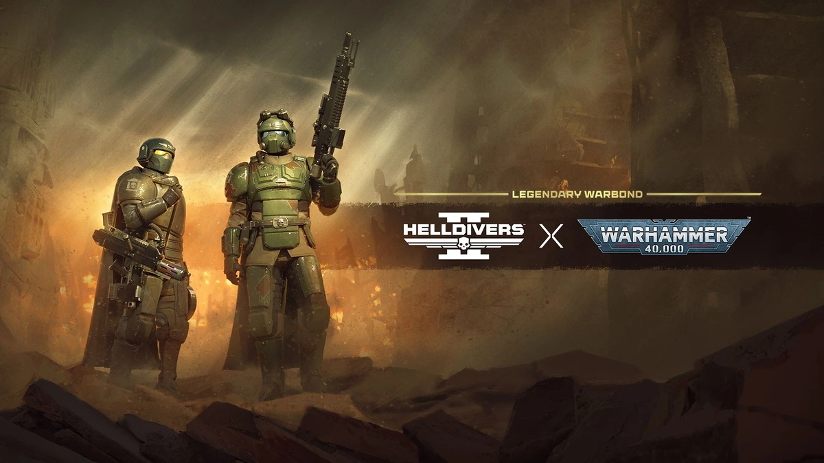 HELLDIVERS 2 and Warhammer 40,000 Legendary Warbond crossover key art with two armored soldiers
