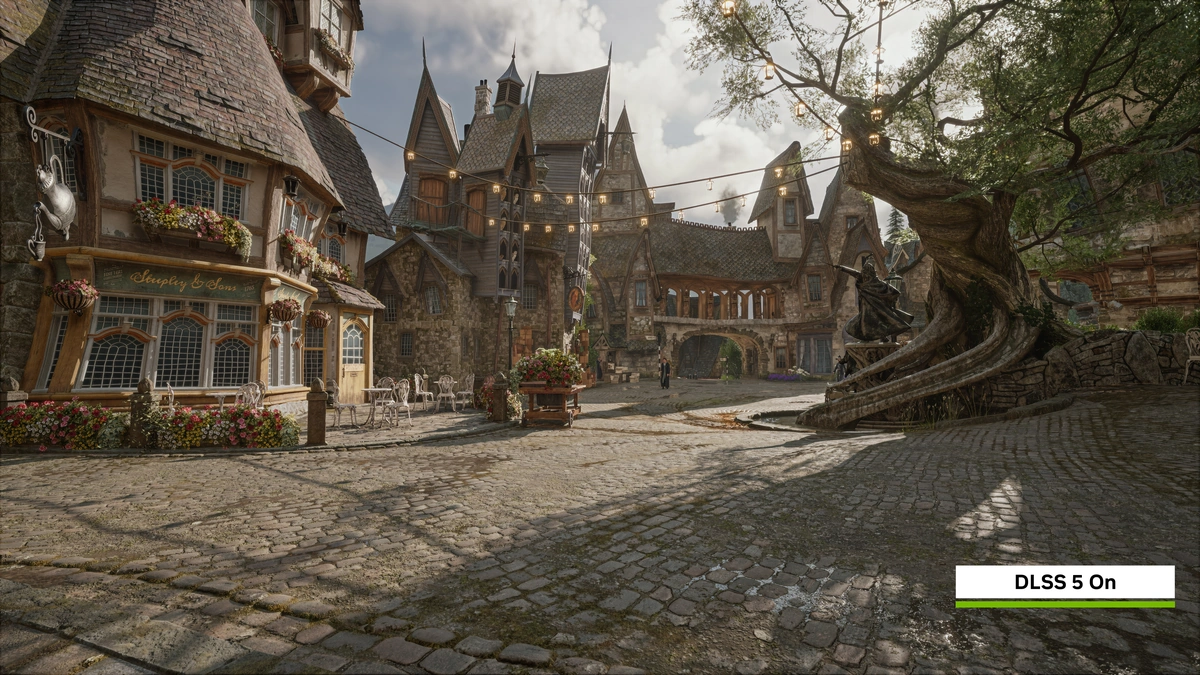 Cobbled village square with timbered houses, flower boxes and a gnarled tree, rendered by NVIDIA DLSS 5 in Hogwarts Legacy