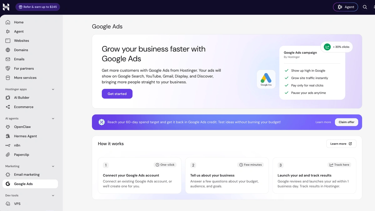 Hostinger dashboard Google Ads page with a campaign card and three-step guide