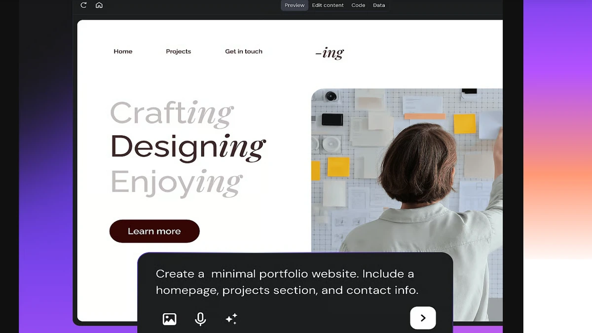 Hostinger Horizons builder showing an AI prompt creating a portfolio website preview