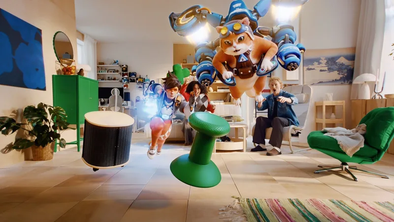 IKEA and Xbox YXSTABY collection shown in a living room with game characters flying over the furniture