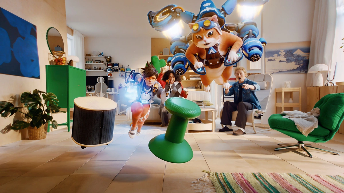 IKEA and Xbox YXSTABY collection shown in a living room with game characters flying over the furniture